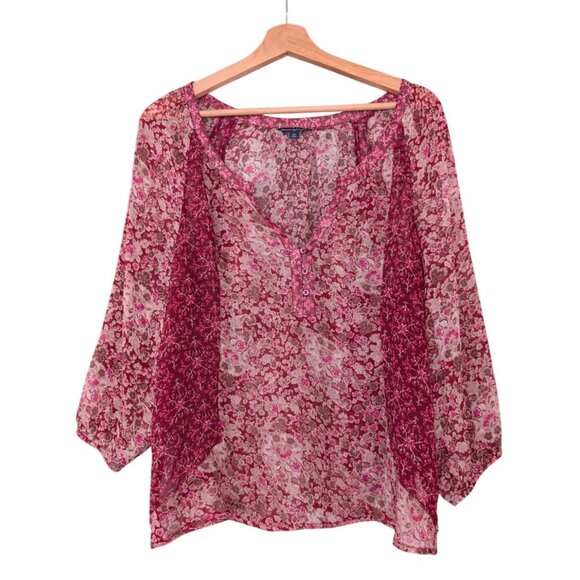 American Eagle Chiffon Blouse Womens L Red Ditzy Boho Floral Peasant Top Sheer - Picture 2 of 6